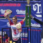 Miki Sudo reacts as she wins women’s division of the 2024 Nathan’s Famous Fourth of July International Hot Dog Eating Contest at Coney Island in New York City, U.S., July 4, 2024. Jeenah Moon | Reuters