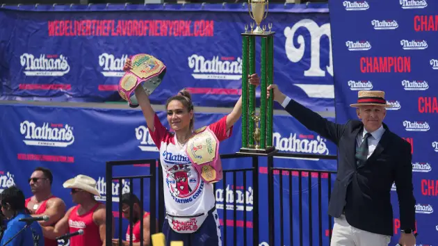 Miki Sudo reacts as she wins women’s division of the 2024 Nathan’s Famous Fourth of July International Hot Dog Eating Contest at Coney Island in New York City, U.S., July 4, 2024. Jeenah Moon | Reuters